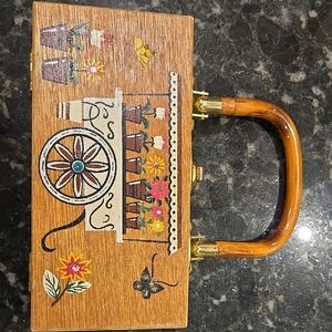 Hand-Painted Brown Floral Wooden Hobo Bag with Bamboo Handle